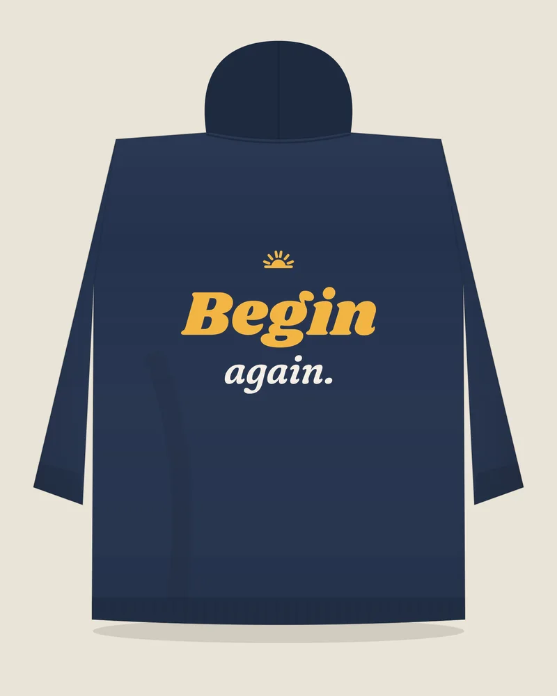 Navy hoodie with the print “Begin again.”, back view (illustration)