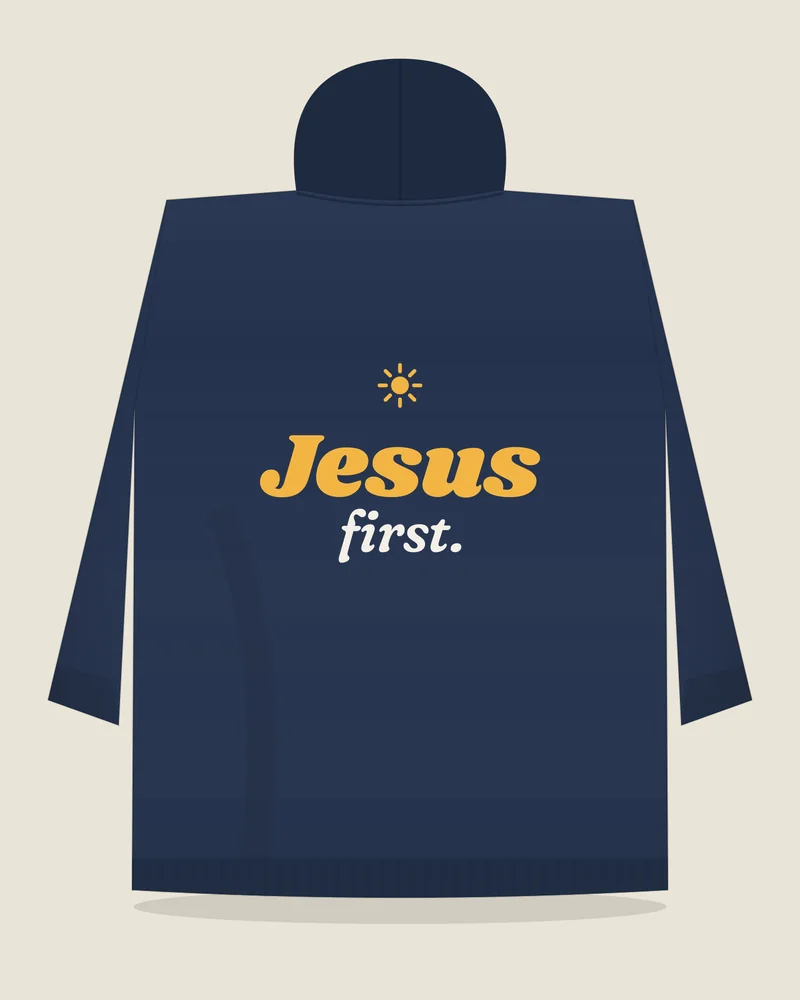 Navy hoodie with the print “Jesus first.”, back view (illustration)