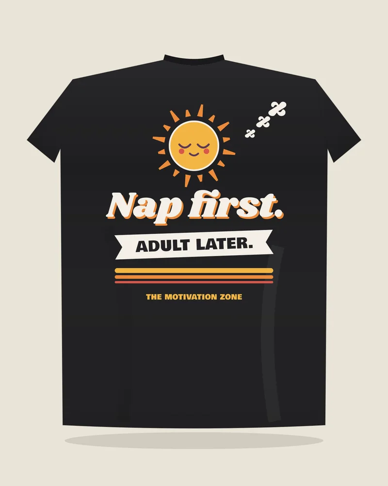 Black tee with the print “Nap first.”, back view (illustration)