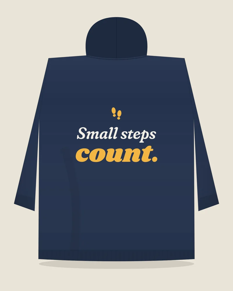 Navy hoodie with the print “Small steps count.”, back view (illustration)