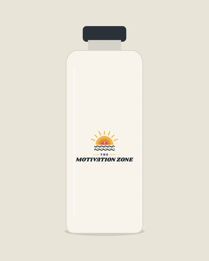 White tumbler with the print The Motivation Zone, view (illustration)