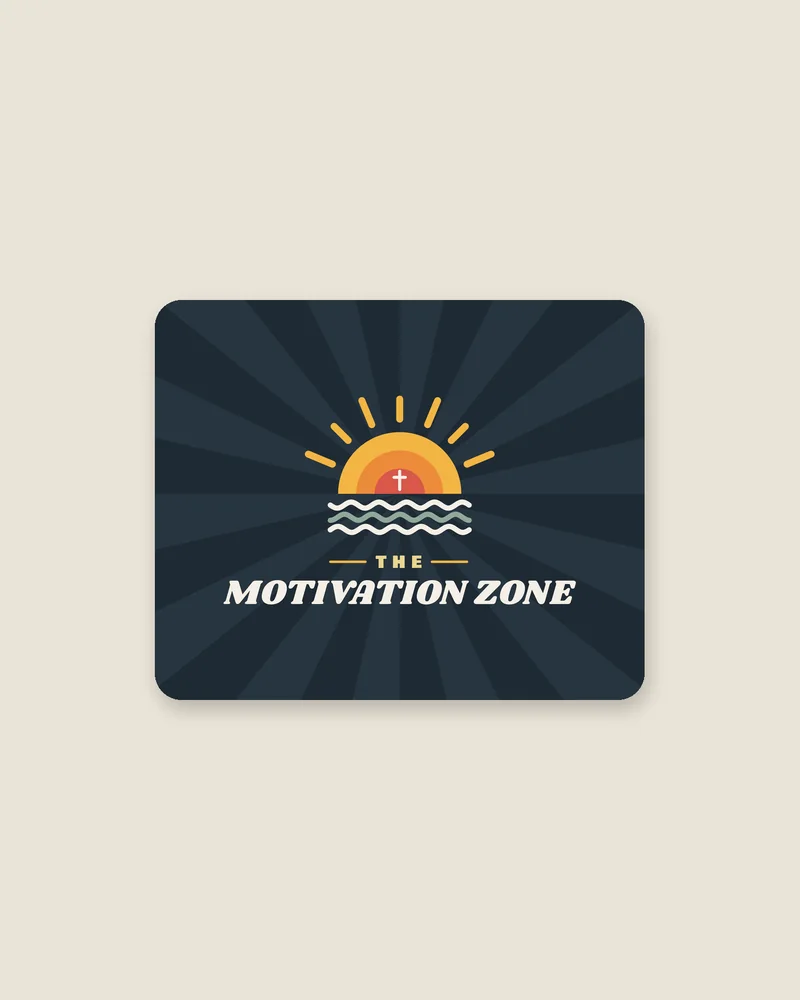 White mouse pad with the print The Motivation Zone, view (illustration)