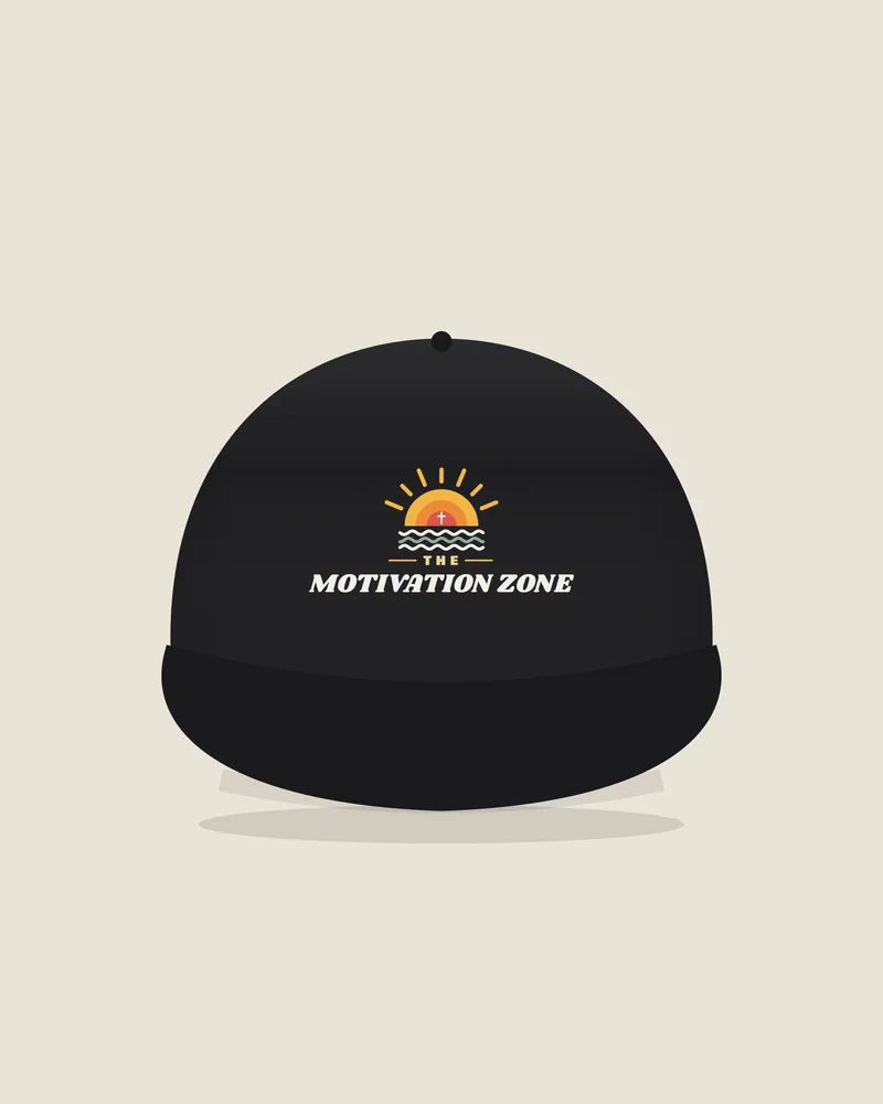 Black trucker hat with the print The Motivation Zone, front view (illustration)