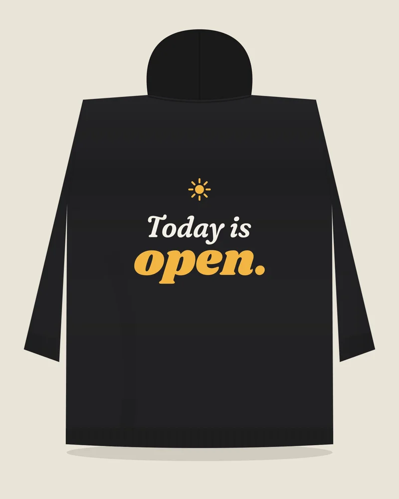 Black hoodie with the print “Today is open.”, back view (illustration)