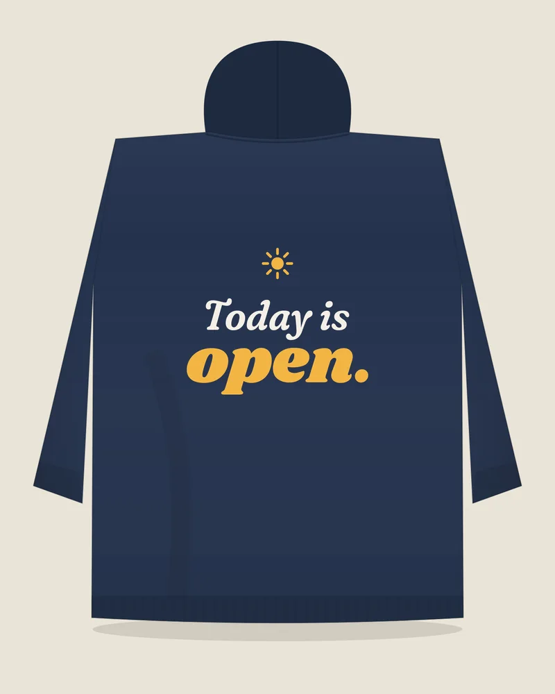 Navy hoodie with the print “Today is open.”, back view (illustration)