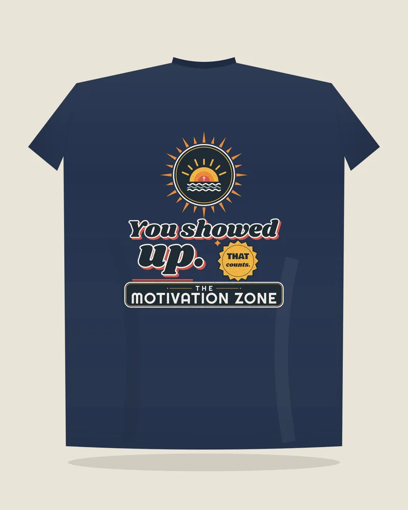 Navy tee with the print “You showed up.”, back view (illustration)